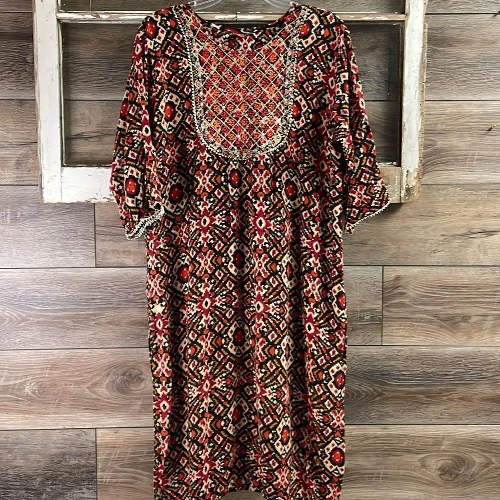 JMD Kaftan Tunic Dress Sequined Metallic Trim Southwestern Print Red Black Tan
